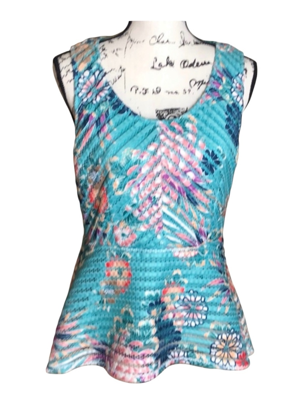 Turquoise Floral Print Sleeveless Tunic Top Women’s Colorful Top Size M